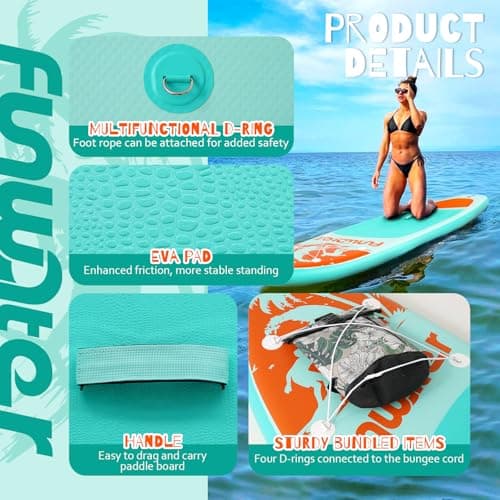 FunWater SUP Inflatable Stand Up Paddle Board Ultra-Light Inflatable Paddleboard with Accessories, Fin, Adjustable Paddle, Pump, Backpack, Leash - Thumbnail 3