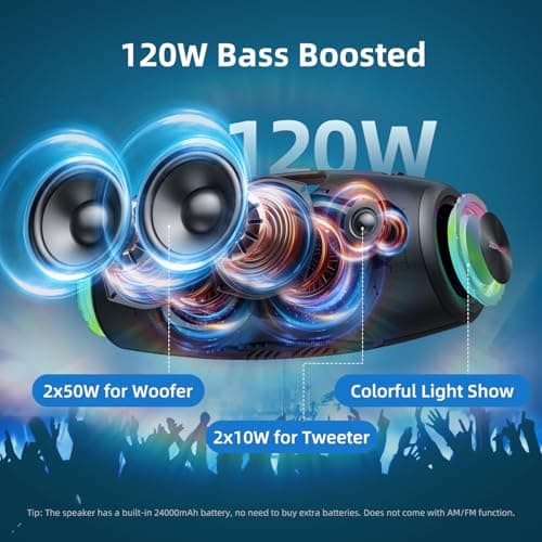 ZEALOT Portable Speakers Bluetooth Wireless, 120W Loud Waterproof Outdoor Speaker with Bass, Subwoofer, 40H Playtime, IP67, EQ, BT 5.3, LED Lights, for Camping Beach Party (Black) - Thumbnail 2