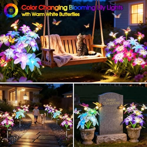 Garpar Solar Lights Outdoor Decorative, Upgraded 4 Pack Flowers with 16 Color Changing Lilies and 12 Butterflies, Brighter Waterproof Garden Decor for Yard Lawn Pathway, Mom Women Grandma Gift - Thumbnail 4