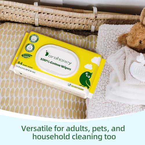 Dorahoney 100% USA Cotton Baby Wipes, 99% Purified Water Unscented Wet Wipes for Sensitive Skin, Hypoallergenic & Plastic-Free, 256 Count (4 Flip-Top Packs of 64) - Thumbnail 6