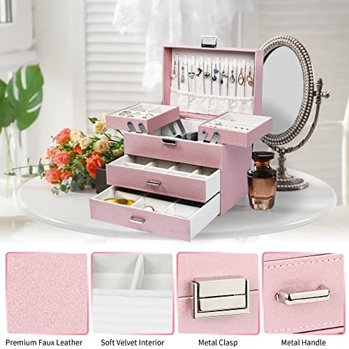 Dajasan Jewelry Boxes for Women Girls, Jewelry Storage Organizer, 4 Layers Large Jewelry Organizer Box with 2 Drawers for Friends, Wife or Mother Gift (Pink) - Thumbnail 6