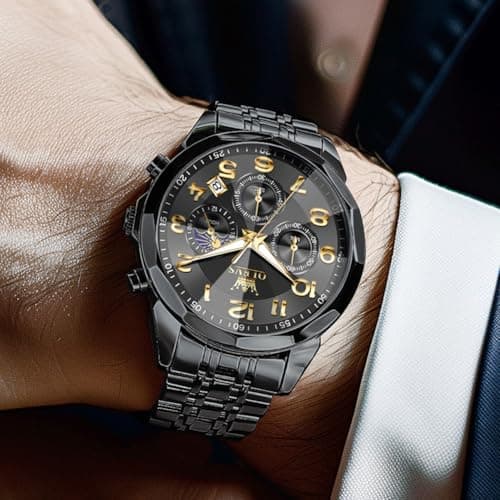 OLEVS Watch Men Black Watches for Men Luxury Big Face Stainless Steel Dress Analog Quartz Easy Read Mens Watches Classic Casual Waterproof Moon Phase Chronograph Men's Watch - Thumbnail 3