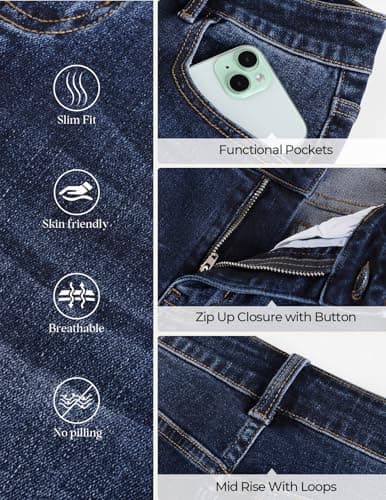 Belle Poque Women Dark Blue Wide Leg Jeans Stretchy Mid Rise Straight Leg Jeans with Pockets (Dark Blue, 10) - Thumbnail 6