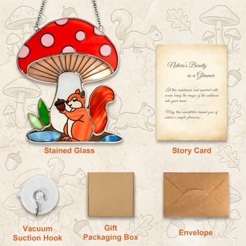 Squirrel Mushroom Stained Glass Suncatcher for Window Hanging Ornaments Animals Theme Glass Art Sun Catcher Home Decor Handmade Funny Mushroom Squirrel Gifts for Squirrel Lovers - Thumbnail 3