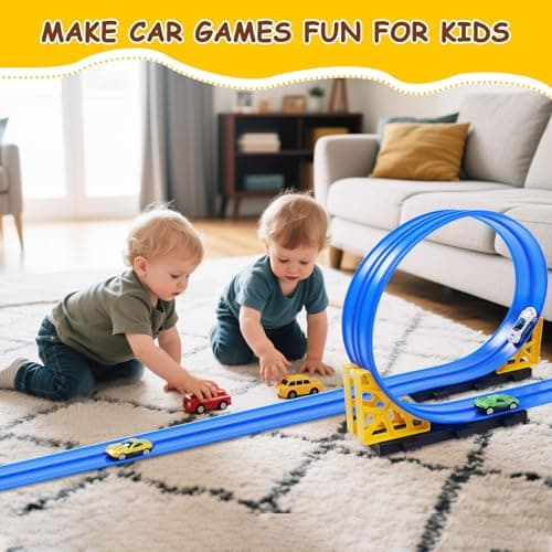 Kimdog Flexible Race Track for Kids - 15Ft Car Track with 4 Vehicle in 1:64 Scale, 4M DIY Car Ramp Roll Up, Play Race Cars for 3 4 5 6 Year Old Boys Girls, Little People Gifts for Birthday Christmas - Thumbnail 4