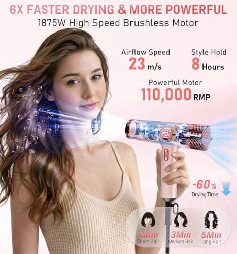 FMZ Professional Hair Blow Dryer with Smart Display, 1875W High Speed BLDC Motor for Fast Drying, Portable Mini Lightweight Quiet, Pink Curly Ionic Diffuser HairDryer for Women Girls Teen Salon Travel - Thumbnail 2