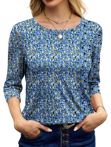 NORACORA Women's 3/4 Length Sleeve Crew Neck T-Shirt - Printed Casual Basic Tops Blue Floral - Thumbnail 5