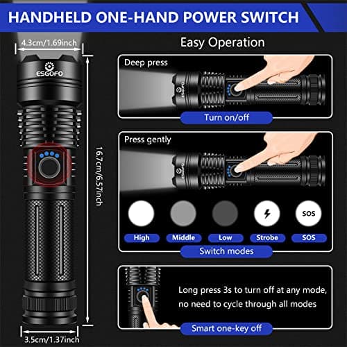 Esgofo Flashlights High Lumens 100000 Rechargeable, Super Bright Handheld LED Flash Light, Powerful Emergency Linternas, Waterproof, Long Lasting, for Hiking Camping Gift - Thumbnail 5