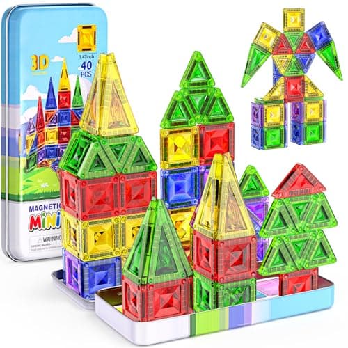 Sparkling Diamond Mini Magnetic Tiles, 40PCS Travel Magnetic Tiles with Metal Case, Portable On-The-Go Magnet Tiles, STEM Educational Construction Set Travel Toys for Kids, Boys and Girls Ages 3+ - Image 1