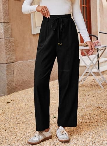 Dokotoo Linen Pants Women High Waisted Drawstring Stretch Pants 100% Cotton Casual Loose Outdoor Travel Trousers Elastic Waistband with 4 Pockets Black - Thumbnail 2