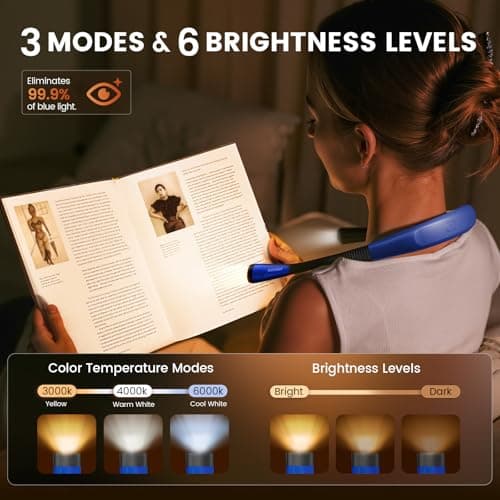 Glocusent Book Light, 3-Color & 6-Brightness Reading Light, Bendable Neck Light, 80-hr Lasting Rechargeable Book Light, Perfect Reading Lights for Books in Bed, Knitting, Repairing, Book Lovers Gifts - Thumbnail 2