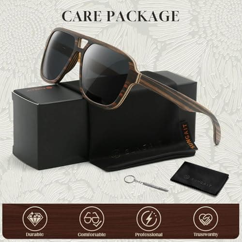 SUNAIT Light Burl/Black Oak/Zebra & Ebony/Maple Wood Sunglasses Classic Square Aviator for Men & Women HD Polarized Lens (Ebony Wood Frame/Grey Lens) - Thumbnail 6