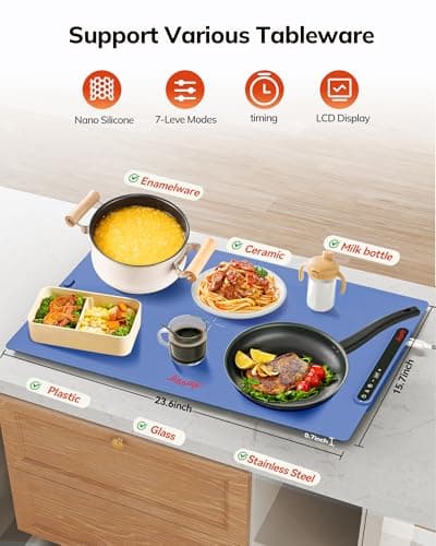 Laudlife Electric Warming Mat for Food, Roll-Up Silicone Heating Pad with 7 Adjustable Tempmaster Levels, Foldable Warming Tray for Countertop,Buffet Party, Kitchen & Home, Child Lock, Dark Bule - Thumbnail 4