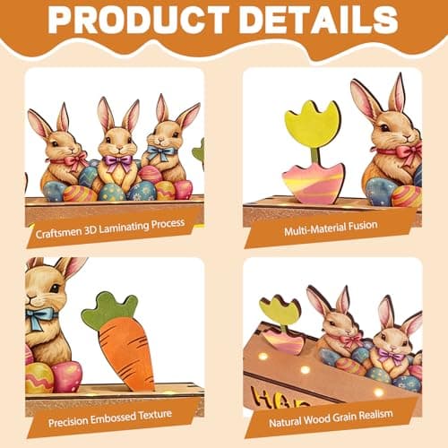 Happy Easter Decorations with LED Lights, Wooden Easter Decor Gifts for Table, Lighted Happy Easter Sign with Bunny, Carrots, Tulip and Easter Eggs, for Spring Mantel, Tiered Tray, Home Desk 8.6 inch - Thumbnail 2