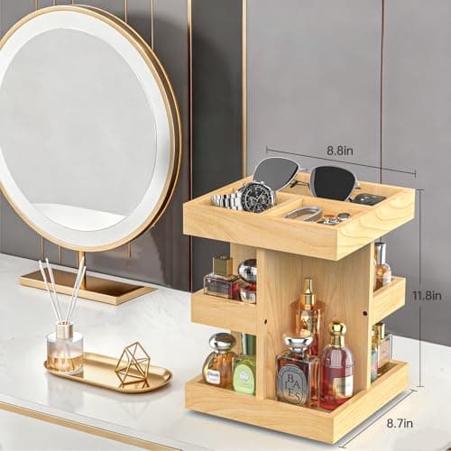 VLXXOI Cologne Organizer for Men Rotating Bathroom Counter Organizer, 3-Tier Solid Wood Storage Caddy, 360-Degree Rotating Stand, Burlywood (Burlywood A) - Thumbnail 3