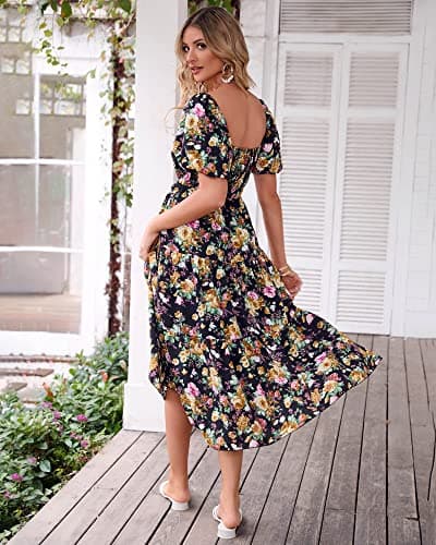 BTFBM Summer Dresses for Women 2026 Spring Outfits Beach Vacation Short Sleeve Smocked Boho Casual Floral Maxi Dress(Floral Black Yellow, Small) - Thumbnail 4