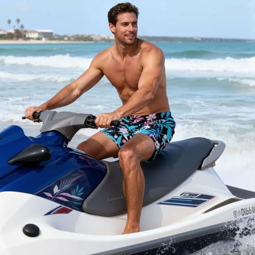 Cozople Men's Bathing Suit with Compression Liner 5.5 inch Swim Trunks 2 in 1 Quick Dry Boxer Brief Lined Swimwear Tropical Flowers Print Board Short S Beach Play Sandcastle Building Wave Wading - Thumbnail 2