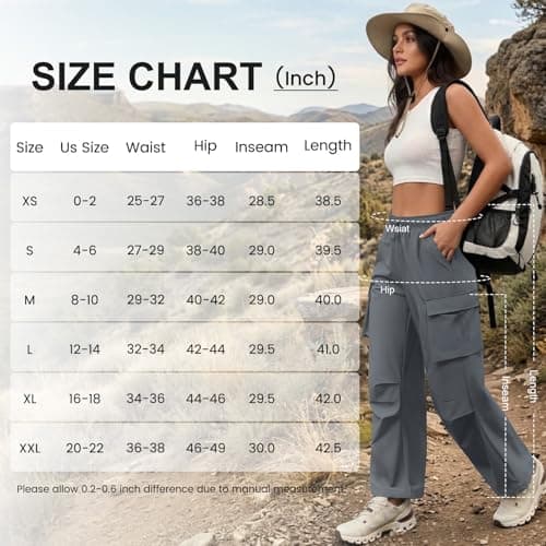 COPYLEAF Parachute Cargo Pants Women Elastic Waisted Quick Dry Lightweight Baggy Hiking Pants with Pockets Water Resistant(Grey S) - Thumbnail 6