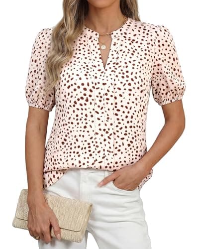 BTFBM Womens Tops 2026 Spring Casual Loose Puff Sleeve V Neck Floral Satin Work Blouse Dressy T Shirts Silk Tunics(Polka Dots Beige Brown,XX-Large) - Image 1