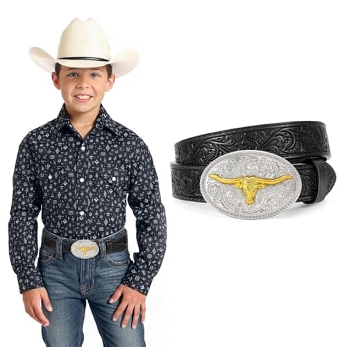 JKEEMI Kids Western Belt for Boys Girls, Embossed Genuine Leather Cowboy Cowgirl Belt for Jeans Pant Dresses Gift - Image 1