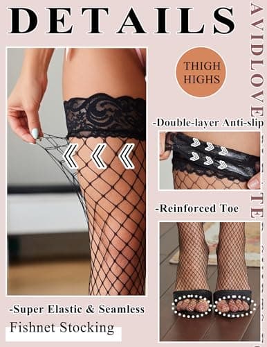 Avidlove Fishnet Stockings for Women Sexy Thigh Highs Stocking Lace Top Sheer Lingerie Tights Black and Khaki 2 Pairs - Thumbnail 6