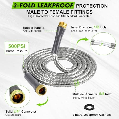 Flexible Metal Garden Hose 10 ft Stainless Steel Connector Short Water Hose,No Kink,Leakproof Leader,Extension Lightweight Water Pipe for Rv Hose Reel Bib Outdoor Sink Yard Watering Tank Car washing - Thumbnail 4