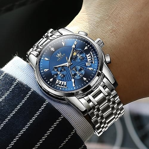 OLEVS Watches for Men Luxury Blue Face Mens Watch Classic Silver Stainless Steel Waterproof Big Face Men's Wrist Watches Unique Dress Quartz Chronograph Fashion Male Watch Relojes para Hombres - Thumbnail 3