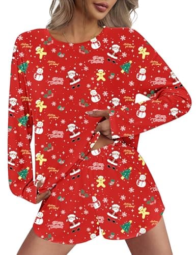 JUSTFASHIONNOW Womens Christmas Pajamas Long Sleeve Lounge Set 2 Piece Cute Sleep Wear Printed Sleepwear Comfy Split Short Pajama Set Soft Xmas Outfits Loungewear Pj sets (Red, Large) - Thumbnail 2