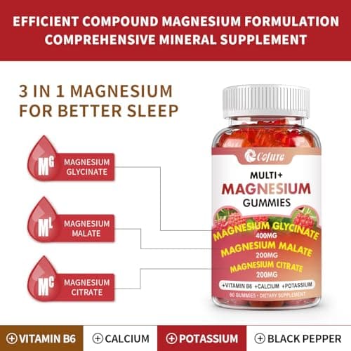 Cofure Triple Magnesium Complex 900 mg, Magnesium Glycinate, Citrate, Malate with Potassium, Calcium, Vitamin B6 for Calm & Sleep - Vegan, Non-GMO, Gluten Free - 60 Raspberry Gummies for Adults - Thumbnail 3