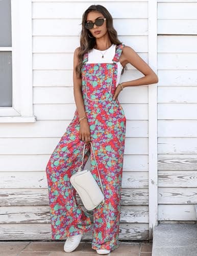 LOOKBOHO Women Overalls Sleeveless Buckle Up Casual Loose Wide Leg Boho Jumpsuit Vacation Outfits with Pockets - Thumbnail 4