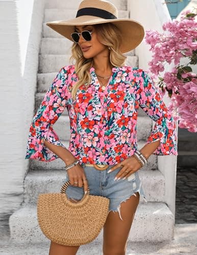 LOOKBOHO Tops for Women 3/4 Sleeve Casual Dressy Floral Boho Blouses Bell Sleeve Button V-Neck Business Shirts Pink M - Thumbnail 5