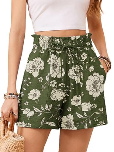 KORSIS Women Shorts High Waist Elastic Summer Lounge Casual Beach Vacation Work Loose Trousers with Pockets Vintage White Floral L - Image 1