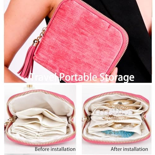 ASINGYER Travel Jewelry Storage Bag for Women, Velvet Portable Jewelry Organizer with Tassel Zipper, Small Pouches for Bracelets Necklaces Rings Earrings, Wedding Gift for Women (hot pink) - Thumbnail 3
