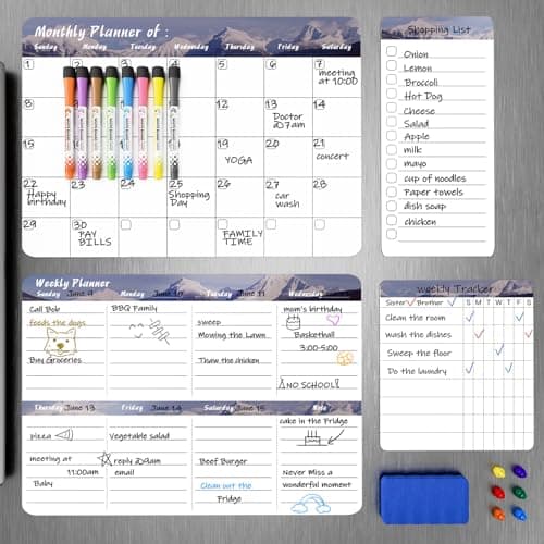 MARSROCK Refrigerator Calendar Magnetic, 16.3x11.7” (4-Pack) – Weekly & Monthly Planner, Chore Chart, Grocery/to-Do List for Fridge, Includes 8 Markers, 6 Magnets & 1 Eraser for Kitchen, Gray - Image 1