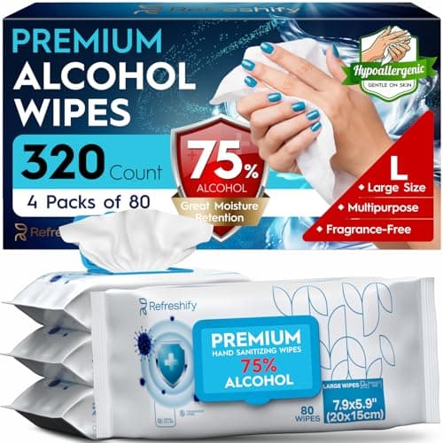 Large Alcohol Wipes 75% Unscented Hand Sanitizing Wipes (320 count +12 travel wipes) Alcohol Wipes for Travel Home and Classroom - Resealable Pack
