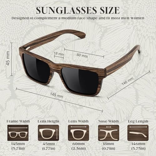 SUNGAIT Ebony Zebra Wood Sunglasses for Men Rectangular All-wood Frame Polarized Lens with Hard Gift Case (Ebony Wood Frame/Grey Lens) - Thumbnail 5