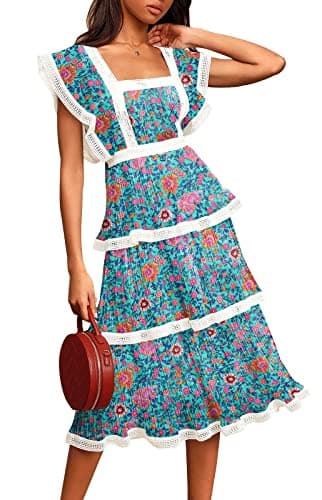ETCYY Women's Summer Ruffle Dress Tiered Layed Chiffon Lace Short Sleeve Boho Floral Print Party Wedding Guest Maxi Dresses,Floral Bohemia,X-Small - Image 1