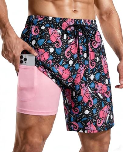 CoozySphere Men's 7 Inch Swim Trunks with Compression Liner and Zipper Pockets Quick Dry Bathing Suit Board Swimming Shorts M - Image 1