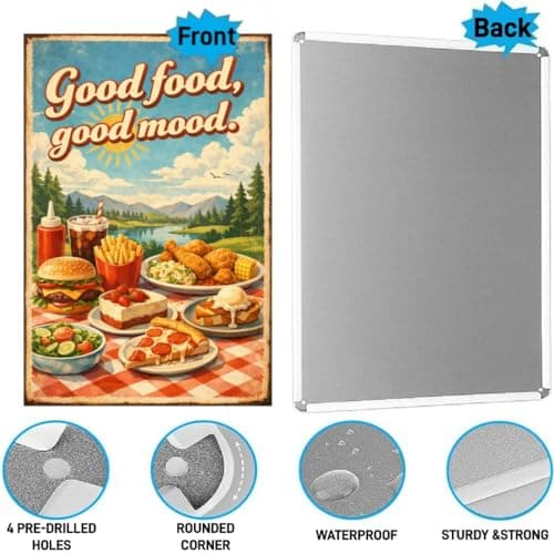 Good Food Good Mood Tin Sign Vintage Food Wall Decor Retro Picnic Meal Illustration Metal Poster Burger Pizza Dessert Art 8x12 Inch Kitchen Cafe Restaurant Display - Thumbnail 5