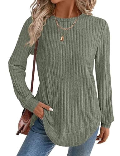 JUSTFASHIONNOW Womens Sweaters Trendy Lightweight Casual Long Sleeve Shirts 2025 Crewneck Fall Tunic Tops Loose Fit Dressy (Army Green, Small) - Image 1