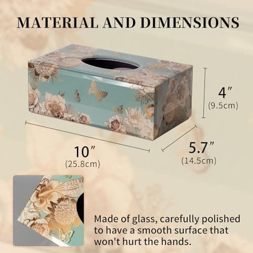 Timetrace Glass Tissue Box Cover Rectangle-Floral and Butterfly Pattern Decorative Tissue Holder with Velvet Lining for Home Decor, Living Room, Bedroom, Kitchen, Office & Christmas/New Year Gifts - Thumbnail 2