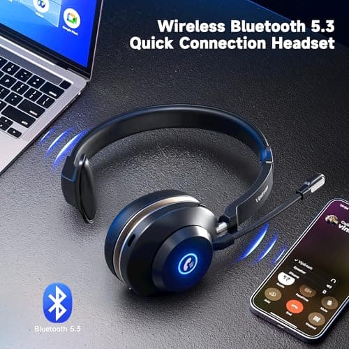 Vipdream Wireless Headset with Microphone for Work, Bluetooth 5.3 Computer Headset for Laptop, 45 Hours Battery Life & Mute Button, Headset with Mic for PC, iPhone, Zoom, Skype, Office & Home - Thumbnail 3