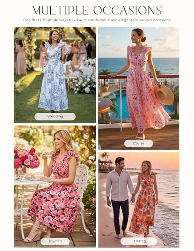 GRACE KARIN 2025 Women's Summer Floral Print Dress Sleeveless Casual Flowy Sundress A Line Ruffle Wedding Guest Outfit Red Floral M - Thumbnail 3