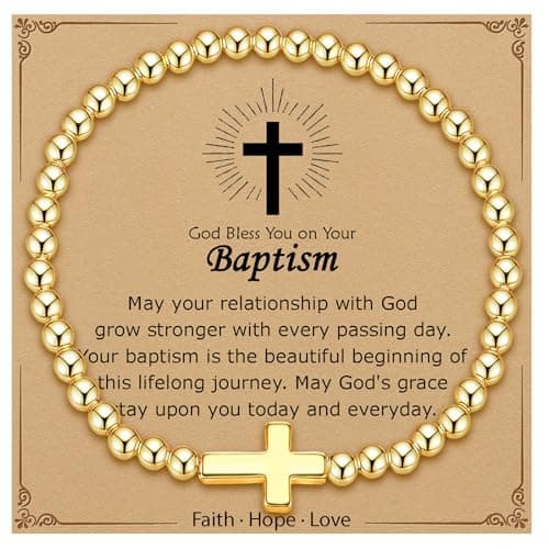 KLIFOWDY Christian Cross Bracelet for Women 14K Gold Plated Stretch Charm Bracelet for Women Confirmation Baptism Easter Gifts for Friends Daughter Sister Jewelry Gift (Baptism-01, Gold Plated) - Image 1