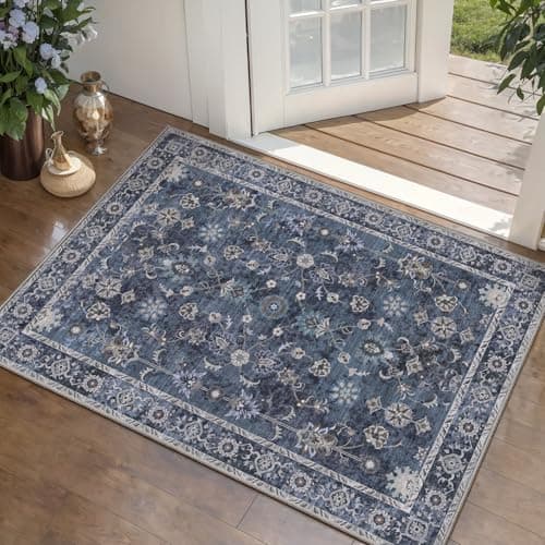 Tangsoo Small Rug 2x3 Throw Rugs for Entryway Washable Entry Rug Non Slip, Vintage Blue Floral Indoor Rugs Distressed Small Carpet Soft Low Pile Boho Door Mat for Entrance Bedroom Kitchen Foyer Decor - Image 1