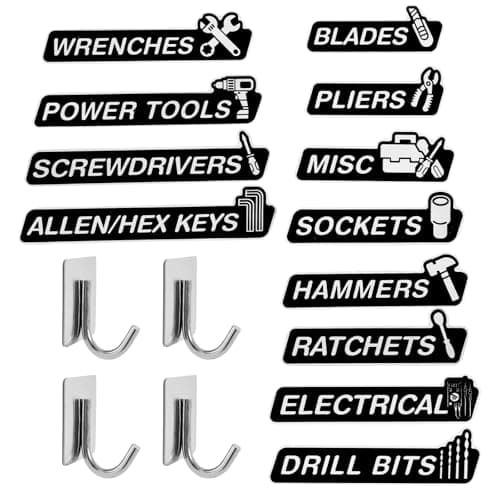 Magnetic Tool Box Labels and Hooks Set, 12 PCS Toolbox Magnetic Labels + 4PCS Self Adhesive Metal Hooks, Reusable Tool Box Accessories Organize for Steel Carts, Drawers, and Cabinets(Black)