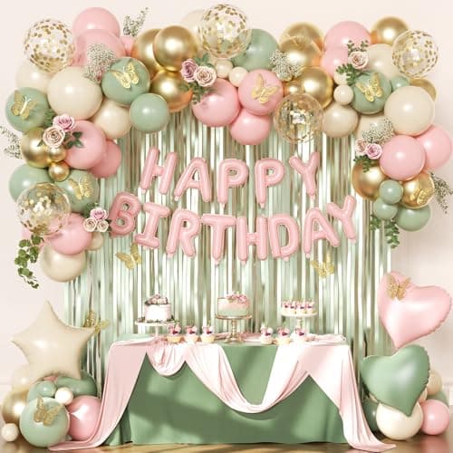 Pink and Green Birthday Decorations for Women Girls, Sage Green Pink Sand White Gold Foil Confetti Balloons Happy birthday Banner Gold Butterfly Fringe Curtains Birthday Decorations