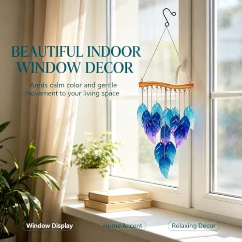 Wind Chimes Blue Glass Leaves, Garden Wind Chime for Home, Party, Festival Decor, Glass Garden Patio Yard Porch Decoration Indoor/Outside, Lifelike Leaf Style - Thumbnail 5
