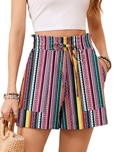 KORSIS Women Shorts High Waist Elastic Summer Lounge Casual Beach Vacation Work Loose Trousers with Pockets Color Blocked Stripes M - Image 1