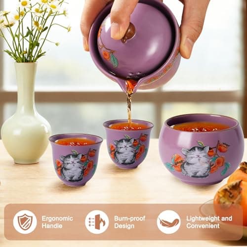 Mini Tea Cups,Cute Lucky Cat Cups,Small Tea Mugs,Porcelain Gongfu Tea set with 3 in 1,Tea Sets for Adults,Ceramic Tea Infuser Cup for Loose Leaf for Women/Tea Lovers/Birthday/Valentine's Day (Purple) - Thumbnail 4